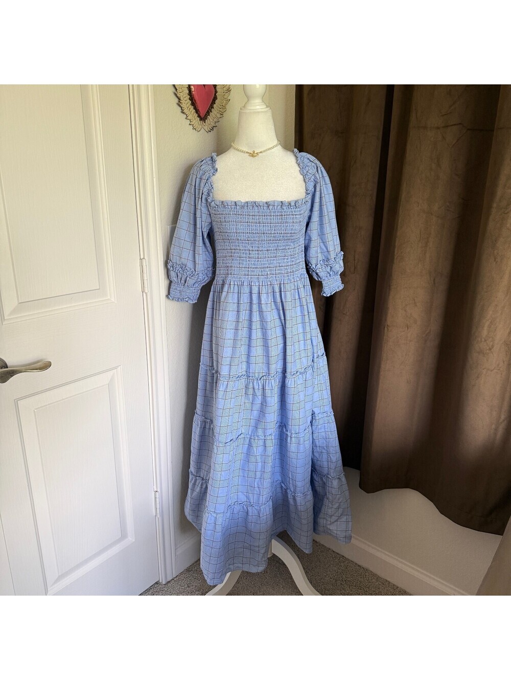 Hill House Home Blue Plaid Cottagecore Nap Dress Puff Sleeve Maxi Size Large